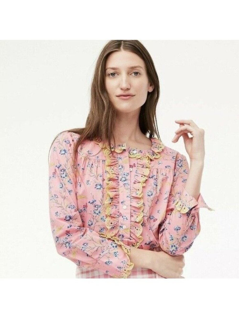 J.Crew Poplin Ruffle Blouse Size XS 100% Cotton Pink Wheat Bouquet Floral Print - Picture 2 of 13